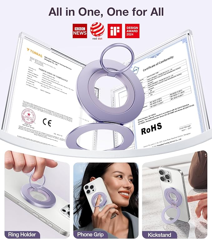 TORRAS 2025 Upgrade [Dual-Ring] Fit for MagSafe Phone Grip Ring Holder [Dual-Ring] Compatible with MagSafe Kickstand Magnetic for iPhone 17/16/15/14/13/12/11 Samsung, Google Accessories, Purple