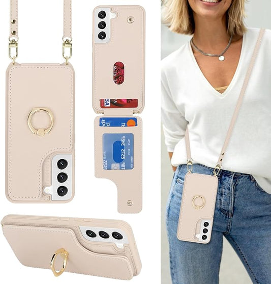 Lipvina for Samsung Galaxy S22 Case with Card Holder and Strap for Women,Crossbody Lanyard,RFID Blocking,Stand Ring Kickstand,Snap Clasp,Phone Wallet Cases 6.1 inch(Beige)