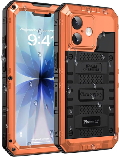 Beasyjoy for iPhone 17 Case Waterproof, Heavy Duty Metal Full Body Protection, Built-in Screen Protector, Military Grade Shockproof Dustproof Rugged Cover for iPhone 17 6.3 inch, Orange