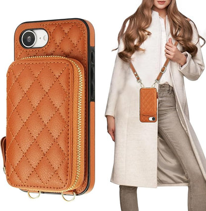 Bocasal Crossbody Wallet Case for iPhone 17e/16e, RFID Blocking PU Leather Zipper Handbag Purse Flip Cover, Kickstand Folio Case with Card Slots Holder Wrist Strap Lanyard 6.1 Inch 5G (Brown)