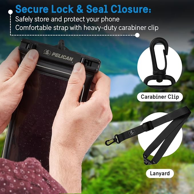 Pelican Marine - IP68 Waterproof Phone Pouch (XL Size) Floating Waterproof Phone Case - Beach Cruise Ship Travel Essentials - Works with All Phones - Detachable Lanyard - Black