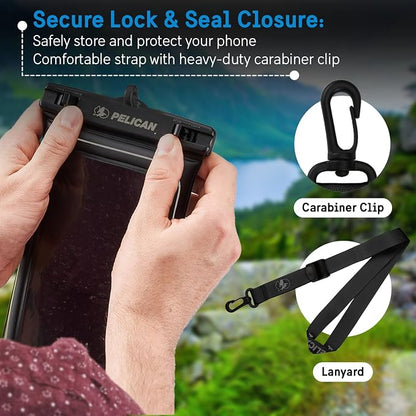 Pelican Marine - IP68 Waterproof Phone Pouch (XL Size) Floating Waterproof Phone Case - Beach Cruise Ship Travel Essentials - Works with All Phones - Detachable Lanyard - Black