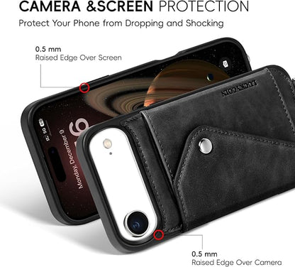 LUCKYCOIN for iPhone Air Crossbody Wallet Case – Genuine Leather Phone Purse with Adjustable Strap and Card Holder,Lanyard Phone Purse Case for Women,Vintage Black