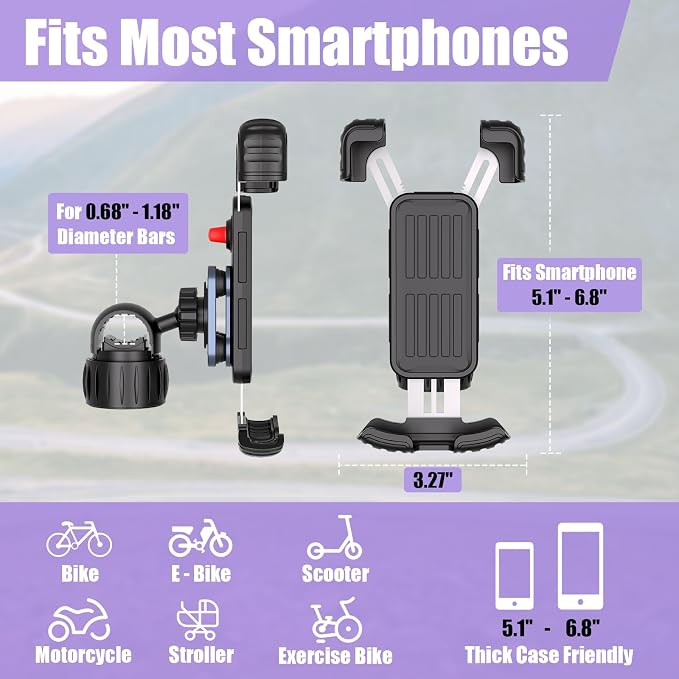 TXV Motorcycle Phone Mount Holder - Upgrade Vibration Dampener - 360° Rotatable Bicycle Phone Holder, Bike Scooter Handlebar Phone Clip for 5.1" - 6.8" Smartphones