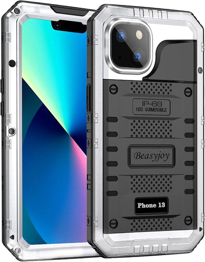 Beasyjoy for iPhone 13 Case Waterproof, Metal Phone Case with Built-in Screen Protector, Heavy Duty Full Body Protective Military Grade Shockproof Rugged Defender Cover 6.1 Inch, Silver