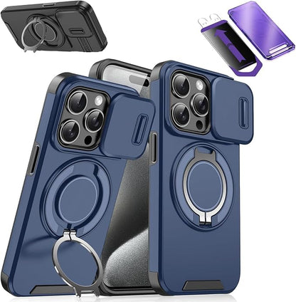 2026 New Case with Slide Camera Cover & 360° Rotatable Ring Kickstand, Free Tempered Glass Screen Protector for iPhone 11-17 Series (14 Pro,Blue)