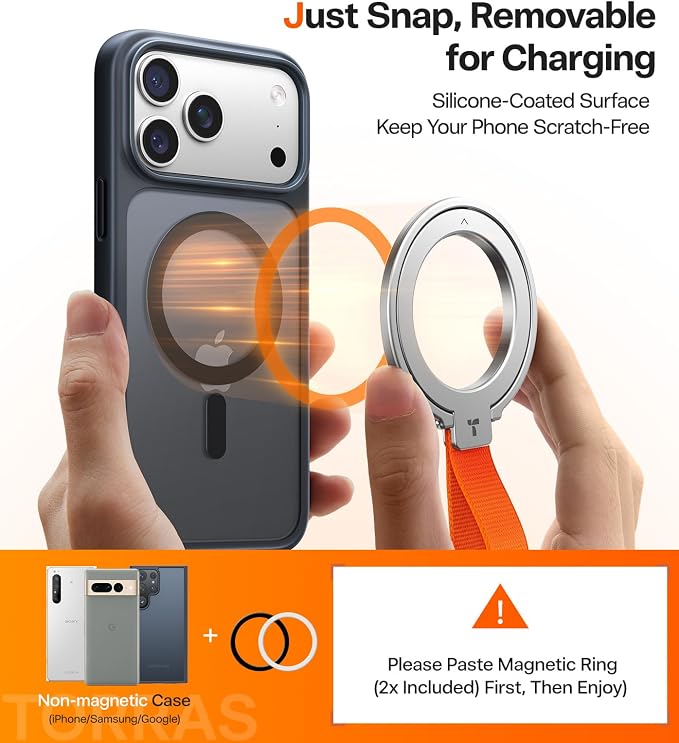TORRAS 2025 Upgrade (Gen 6.0) Magnetic Phone Grip Holder Kickstand with Braided Strap, Fit for MagSafe Ring Removable, for iPhone 17 16,15, 14, 13 12 Pro/Max Samsung, Google (Silver), Ostand Ring