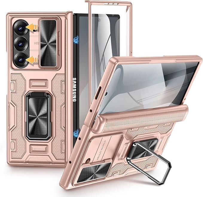 VEGO for Galaxy Z Fold 6 Case with Hinge Protection & Screen Protector | Built-in Slide Lens Cover & 360° Rotating Kickstand] Hard PC Full-Body Drop Protection Phone Case for Samsung Z Fold 6 -Gold