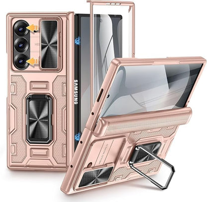 VEGO for Galaxy Z Fold 6 Case with Hinge Protection & Screen Protector | Built-in Slide Lens Cover & 360° Rotating Kickstand] Hard PC Full-Body Drop Protection Phone Case for Samsung Z Fold 6 -Gold