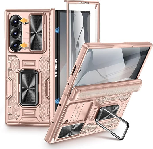 VEGO for Galaxy Z Fold 6 Case with Hinge Protection & Screen Protector | Built-in Slide Lens Cover & 360° Rotating Kickstand] Hard PC Full-Body Drop Protection Phone Case for Samsung Z Fold 6 -Gold