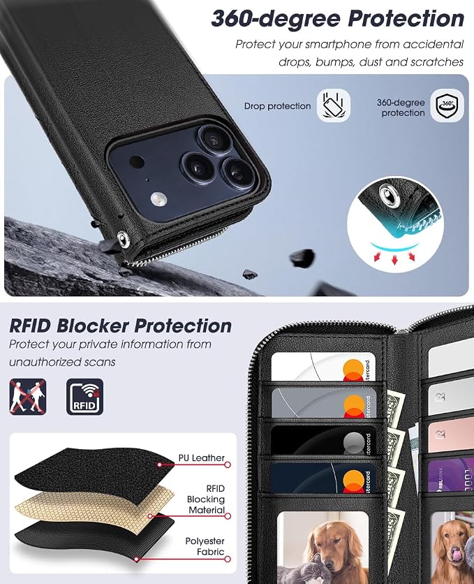 OCASE for iPhone 17 Pro Max Crossbody Detachable Wallet Case, PU Leather Handbag Phone Purse with Zipper Closure, Card Slots & RFID Blocking, Wrist Strap, Lanyard, Kickstand, Diamond Check Black