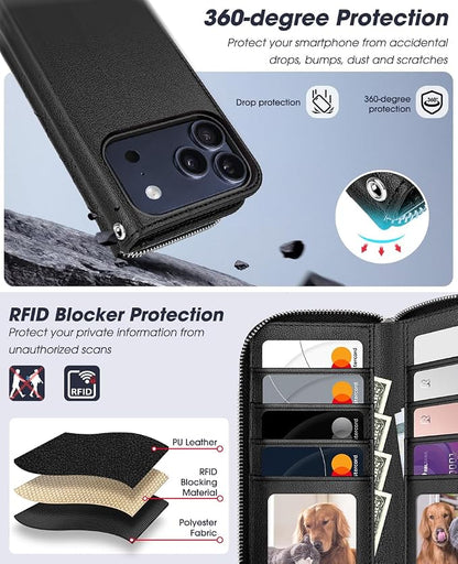 OCASE for iPhone 17 Pro Max Crossbody Detachable Wallet Case, PU Leather Handbag Phone Purse with Zipper Closure, Card Slots & RFID Blocking, Wrist Strap, Lanyard, Kickstand, Diamond Check Black