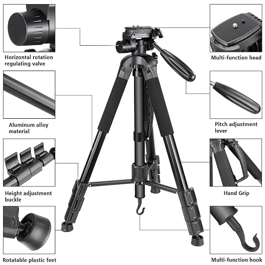 NEEWER Portable Aluminum Alloy Camera 2 in 1 Tripod Monopod Max. 70"/177cm with 3 Way Swivel Pan Head and Carrying Bag for DSLR, DV Video Camcorder (SAB264, Black)
