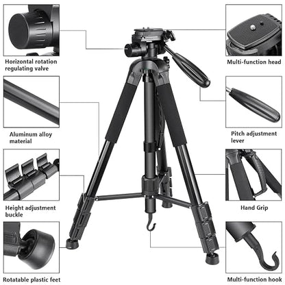 NEEWER Portable Aluminum Alloy Camera 2 in 1 Tripod Monopod Max. 70"/177cm with 3 Way Swivel Pan Head and Carrying Bag for DSLR, DV Video Camcorder (SAB264, Black)