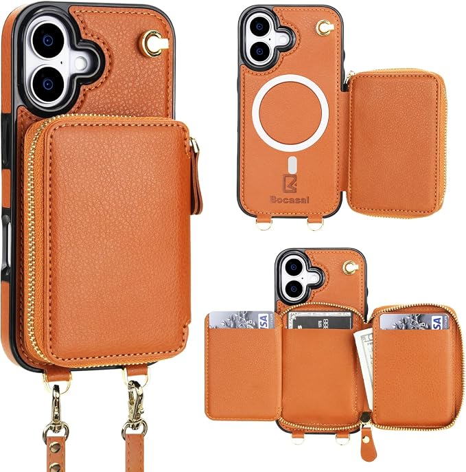 Bocasal for MagSafe Crossbody Wallet Case Compatible with iPhone 17, RFID Blocking Protective Purse Case with Card Slots Holder Kickstand Wrist Strap Lanyard Zipper 6.3 Inch 5G (Brown)