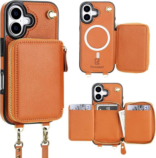 Bocasal for MagSafe Crossbody Wallet Case Compatible with iPhone 17, RFID Blocking Protective Purse Case with Card Slots Holder Kickstand Wrist Strap Lanyard Zipper 6.3 Inch 5G (Brown)