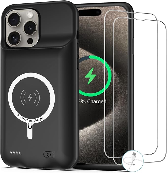 Battery Case for iPhone 15 Pro Max, [12000mAh] Enhanced Portable Protective Qi Wireless Charger Case Battery Pack with CarPlay Wireless Charging Case Compatible for iPhone 15 Pro Max (6.7 inch)-Black