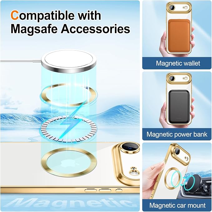 Hython for iPhone Air Case Glitter Clear Magnetic Phone Cases [Compatible with MagSafe] Full Camera Lens Protector Sparkle Luxury Plating Slim Shockproof Protective Cover Women, Gradient Gold