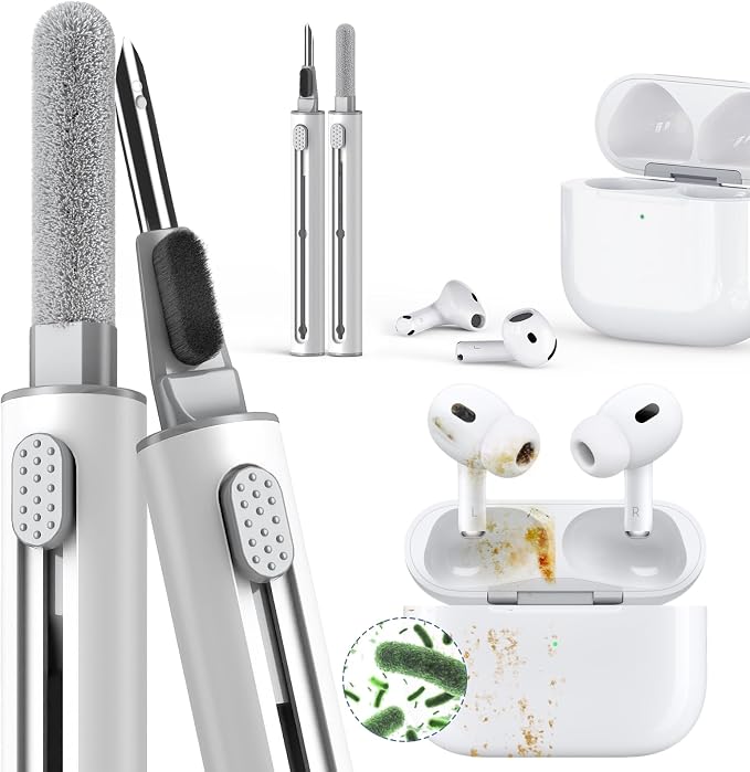 Inesore Cleaner Kit for Airpods Pro 3 2 1 Series,Multi-Function Cleaning Pen Tool for Earbuds Headphone iPhone Camera Electronic Devices,with Soft Brush Flocking Sponge -White