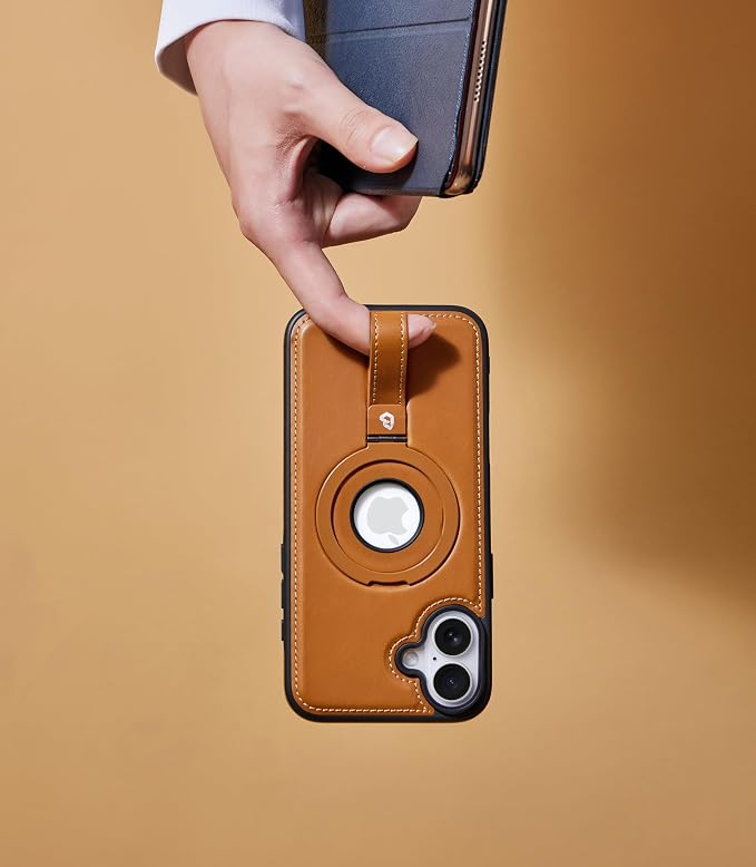 for iPhone 16 Leather Case with Stand, Anti-Slip Grip Ring, Fits for MagSafe (Brown, iPhone 16)