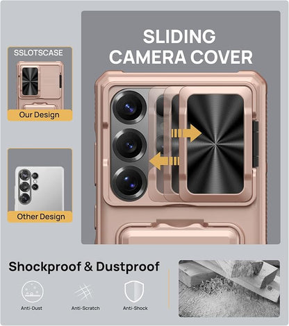 SSLOTSCASE for Samsung Galaxy S25 Ultra Case with Card Holder & Camera Stand & Kickstand & Slide Camera Lens Cover & Wallet, Heavy-Duty Shockproof Protection Phone Cover for S25 Ultra 6.9", Rose Gold