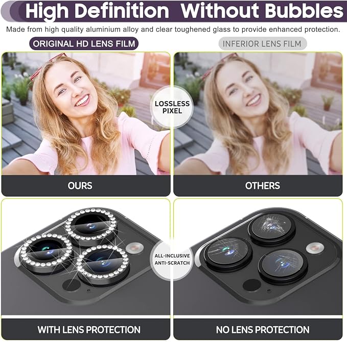 Suoman for iPhone 14 Pro Max / 14 Pro Camera Lens Protector, [Diamonds Bling] 9H Tempered Glass, Full Coverage Metal Protective Cover - Diamond Black