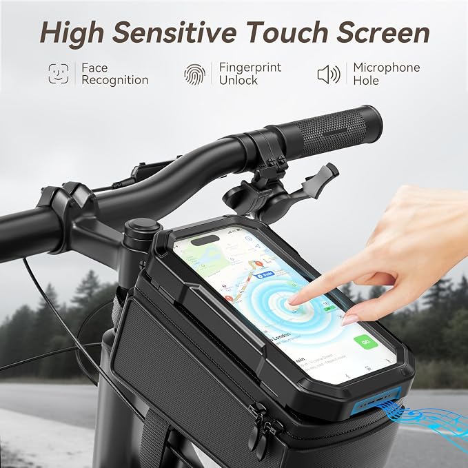 KDD Bike Front Frame Bag with Waterproof Phone Holder, Mountain Cycling Storage Pouch, Handlebar Bag with Phone Mount, Bicycle Accessories for Top Tube, Fit for iPhone 17 Pro Max, Cellphone Under 7''