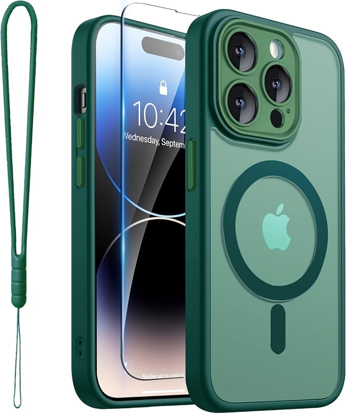 ROYBENS for iPhone 14 Pro-Max Matte Clear Case Compatible with Magsafe, Full Camera Lens Protection, Screen Protector, Wrist Strap, Translucent Magnetic Slim Hard Protective Phone Cover, Green