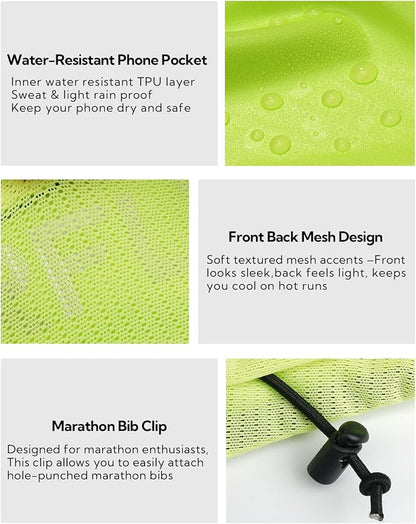 WATERFLY Running Belt Fanny Pack: Breathable 3 Pocket Waist Bag for Men Women Workout Exercise Fitness Phone Holder Fits All Phones - Runner Marathon Jogging Race Belt with Bib Clip Yellow