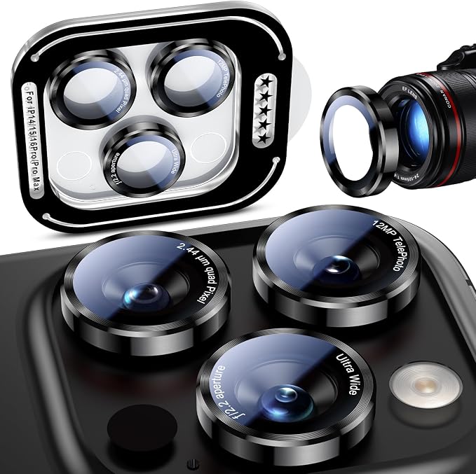 Uyiton for iPhone (17/16/15/14 Pro Max) and iPhone (17/16/15/14 Pro) Camera Lens Protector - Military-Grade Tempered Glass Metal Camera Cover, Easy to Install, Black