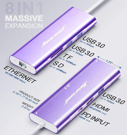 Hiearcool USB C Hub, USB C Dock with Ethernet, 4K@60 HDMI, Purple