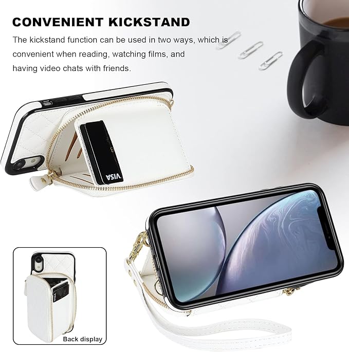 Bocasal Crossbody Wallet Case for iPhone Xr, RFID Blocking PU Leather Zipper Handbag Purse Flip Cover, Kickstand Folio Case with Card Slots Holder Wrist Strap Lanyard 6.1 Inch (White)