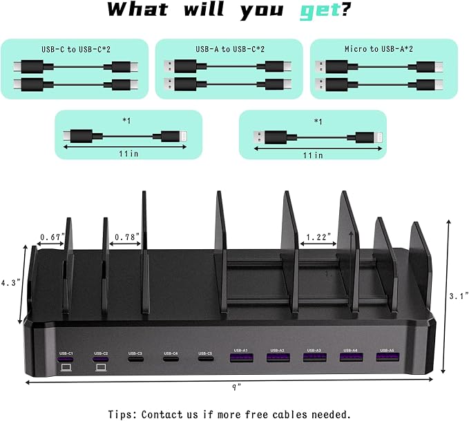 420W Charging Station for Multiple Devices, Zobirez 10-Port USB C Fast Charger Stations for MacBook, iPhone, Android Cell Phone, iPad, Tablet, Family Multi-Device Organizer Charging Dock, Black
