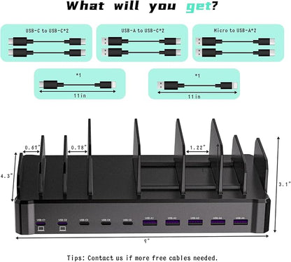 420W Charging Station for Multiple Devices, Zobirez 10-Port USB C Fast Charger Stations for MacBook, iPhone, Android Cell Phone, iPad, Tablet, Family Multi-Device Organizer Charging Dock, Black