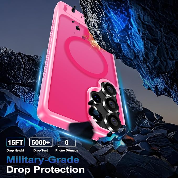 for Samsung Galaxy S25 Ultra Case with Screen Protector+Lanyard Wrist Strap,Magnetic Translucent Matte Rugged Slim Phone Cover Built in Invisible Kickstand [Fit for MagSafe],2025 Hot Pink
