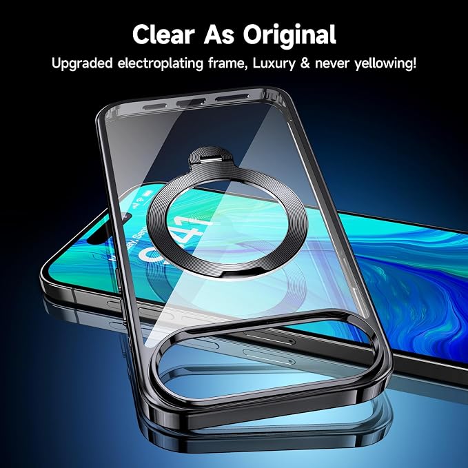 [Tri-Shield Protection] for iPhone Air Case with 360° Spin Stand Compatible with MagSafe [Magnetic CD Ring] [Screen & Camera Lens Protector] Shockproof Plating Never-Yellowing, Black-6.5"
