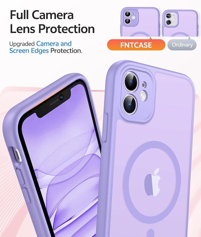 FNTCASE for iPhone 11 Case: [Compatible with Magsafe] Translucent Matte Magnetic Cases [Full Camera Protection] Military Grade Shockproof Protective Phone Cover - Light Purple