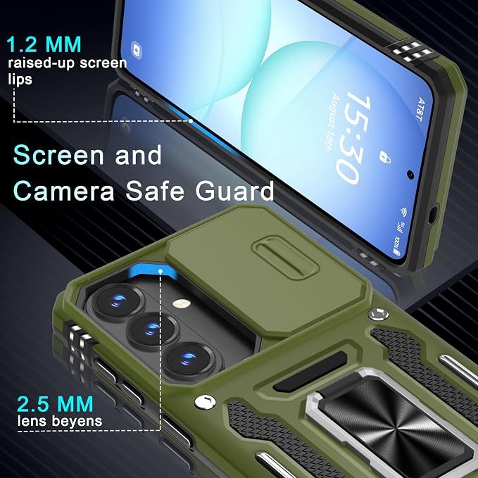 DEERLAMN Case for Samsung Galaxy A37 5G with Slide Camera Cover+Screen Protector (1 Pack), Rotated Ring Kickstand Military Grade Shockproof Protective Cover-Olive Green
