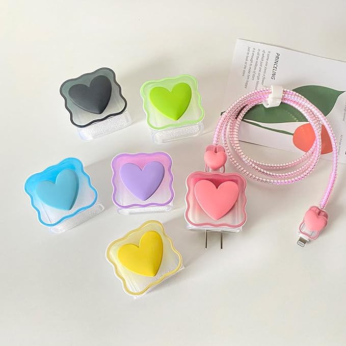 5 in 1 Soft TPU Clear Charger Protector for Apple 18W/20W Adapter, 3D Love Heart Waves Design Cable Protector Set for iPhone 11-15 Pro Max & MacBook Neo 13 A18 Pro A3404, Blue