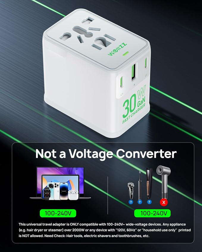 Travel Adapter, 30W GaN Fast Charging European Plug Adapter Worldwide Universal Charger with 4 Ports 1 AC, 1 USB-A, and 2 USB-C Ports Plug Adapter for USA European UK AUS Japan, White