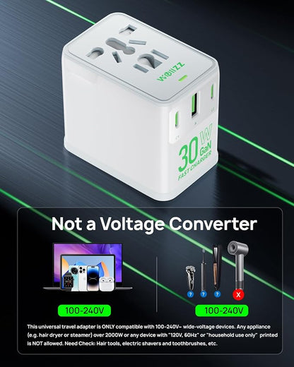 Travel Adapter, 30W GaN Fast Charging European Plug Adapter Worldwide Universal Charger with 4 Ports 1 AC, 1 USB-A, and 2 USB-C Ports Plug Adapter for USA European UK AUS Japan, White