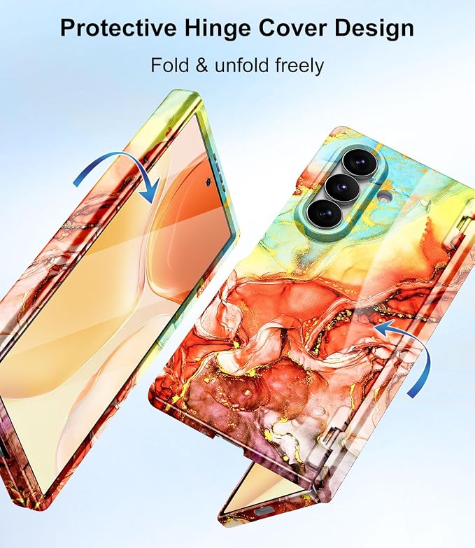 Btscase for Samsung Galaxy Z Fold 7 Case,Built in Front Screen Protector,Gold Glitter Marble Pattern Hard PC Slim Shockproof Full Body Drop Protective Case for Galaxy Z Fold 7 5G, Bright Orange