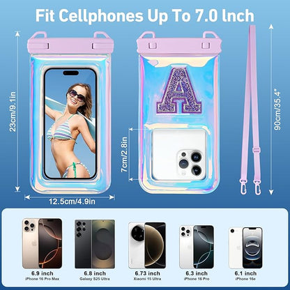 Waterproof Phone Pouch Floating, Fashion Bling Letters Cell Phone Dry Bag for iPhone 17 16 15 14 13 Pro Max, Galaxy S25 S24 S23 S22 Ultra Google, Up to 7.5 Inch, Glitter Letter A