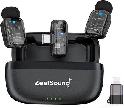 ZealSound Mini Microphone, Wireless Lavalier Mic for iPhone/iPad/Android, USB-C/Lightning, Noise Reduction, 33H Battery with Charging Case for Content Creators, TikTok & YouTube Videos - Transparent