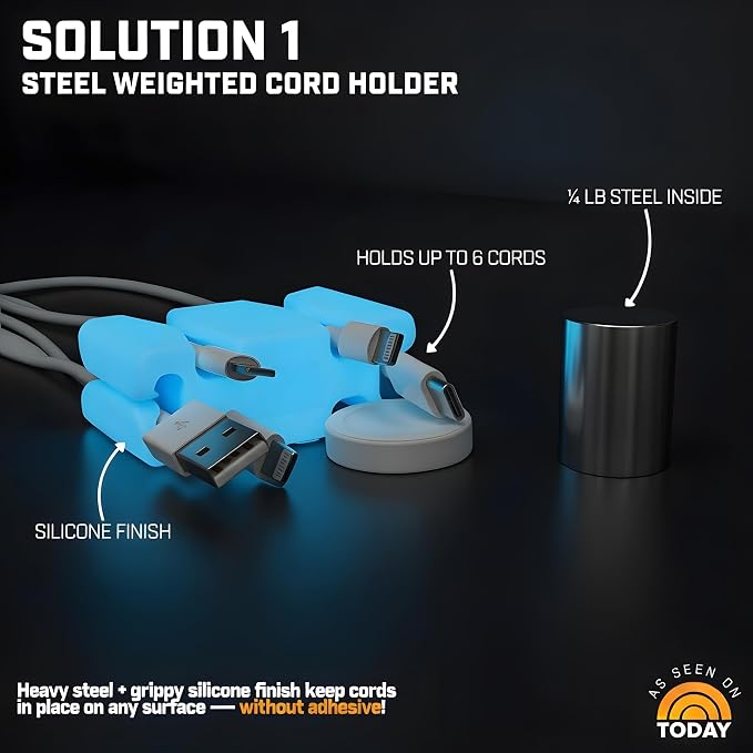 CordBrick 2PK Glowing Silicone + Steel Weighted Cable Holders for Nighstands, Cord Wraps for Travel, Unique iPhone Accessories. Small Graduation Gift for High Schoolers. Gadget for Teens. Blue Glow