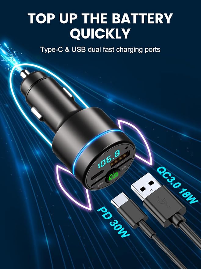 FM Transmitter for Car Bluetooth 5.3, [All-Metal] PD 30W & QC3.0 18W Fast Car Charger, Wireless FM Radio Kit Bluetooth Car Adapter, Noise Cancelling Hands-Free Call, Blue Light - Black