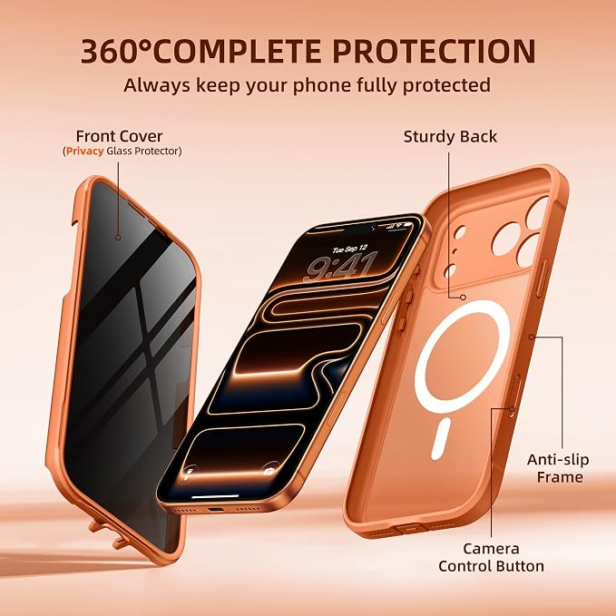 BERFY for iPhone 17 Pro Max Case, Compatible with MagSafe, Built-in Privacy Screen Protector, Camera Protection, Shockproof Full Body Phone Case 6.9", Translucent Cosmic Orange