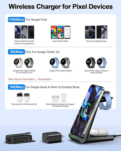 NANAMI Wireless Charger for Google - 3 in 1 Wireless Charging Station Fast Charger Stand Dock for Pixel 9/9 Pro XL/Fold/8/7,Buds Pro 2/Pro, Watch 3/2,Fitbit Versa 4/Sense 2(Not for Pixel Watch 1/4)