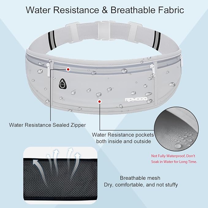 Water Resistant Fanny Pack，Slim Running Belt for Women Men，Waist Bag Running Phone Holder with 3 Zipper Pockets for iPhone 16 15 14 13 Samsung，Reflective Running Pouch for Walking Cycling Grey