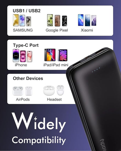Miady 2-Pack Portable Charger, Slim 10000mAh Power Bank Travel Battery Pack | Dual USB丨3 Outputs 2 Inputs丨for Backpack Travel Camping丨Slim丨Compatible with iPhone Android丨Flight-Safe丨37Wh丨Yellow+Purple